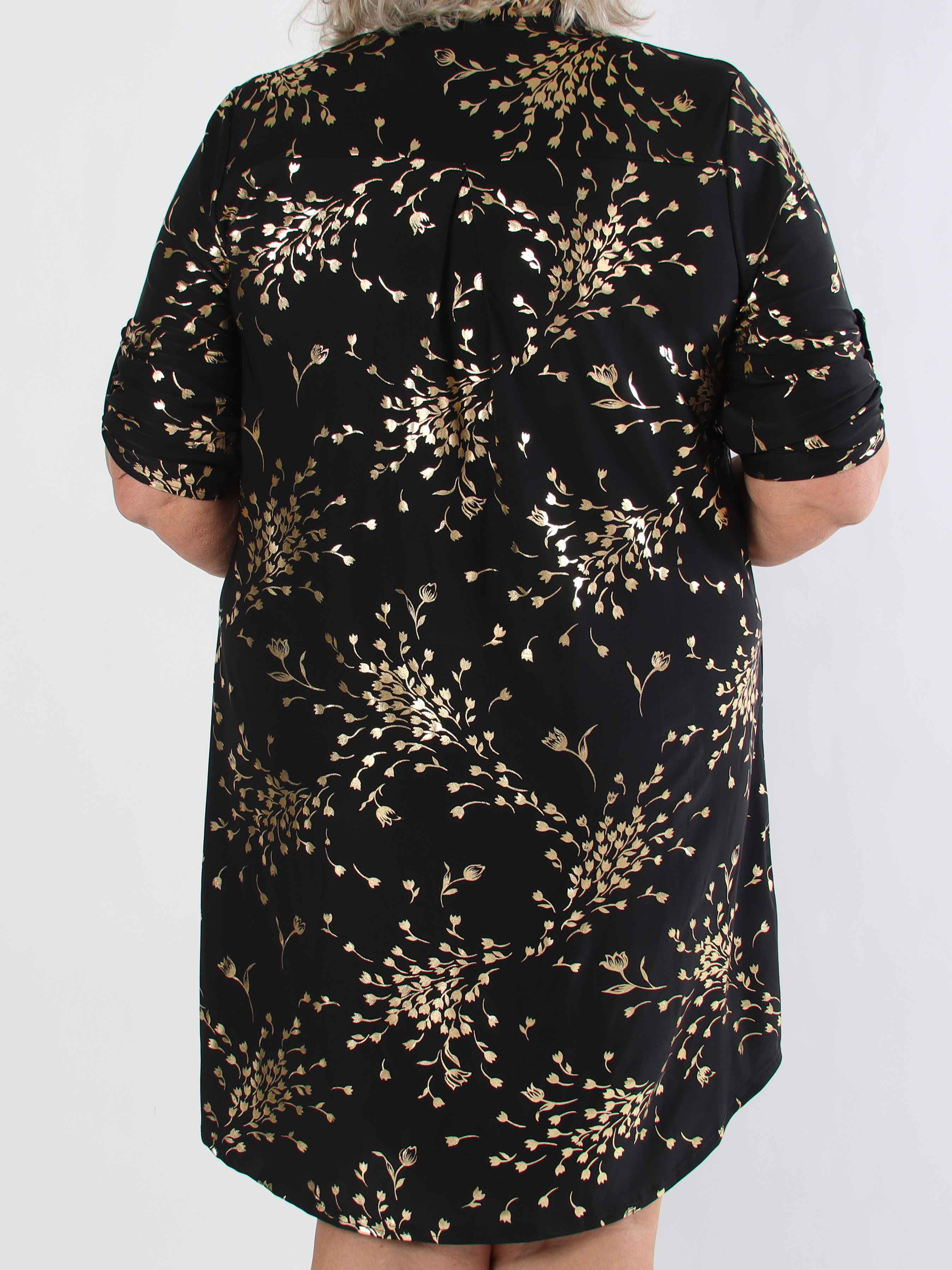 Ebba Gold Leaf Long - Elastisk ensfarvet plus size kjole med guld blomsterprint